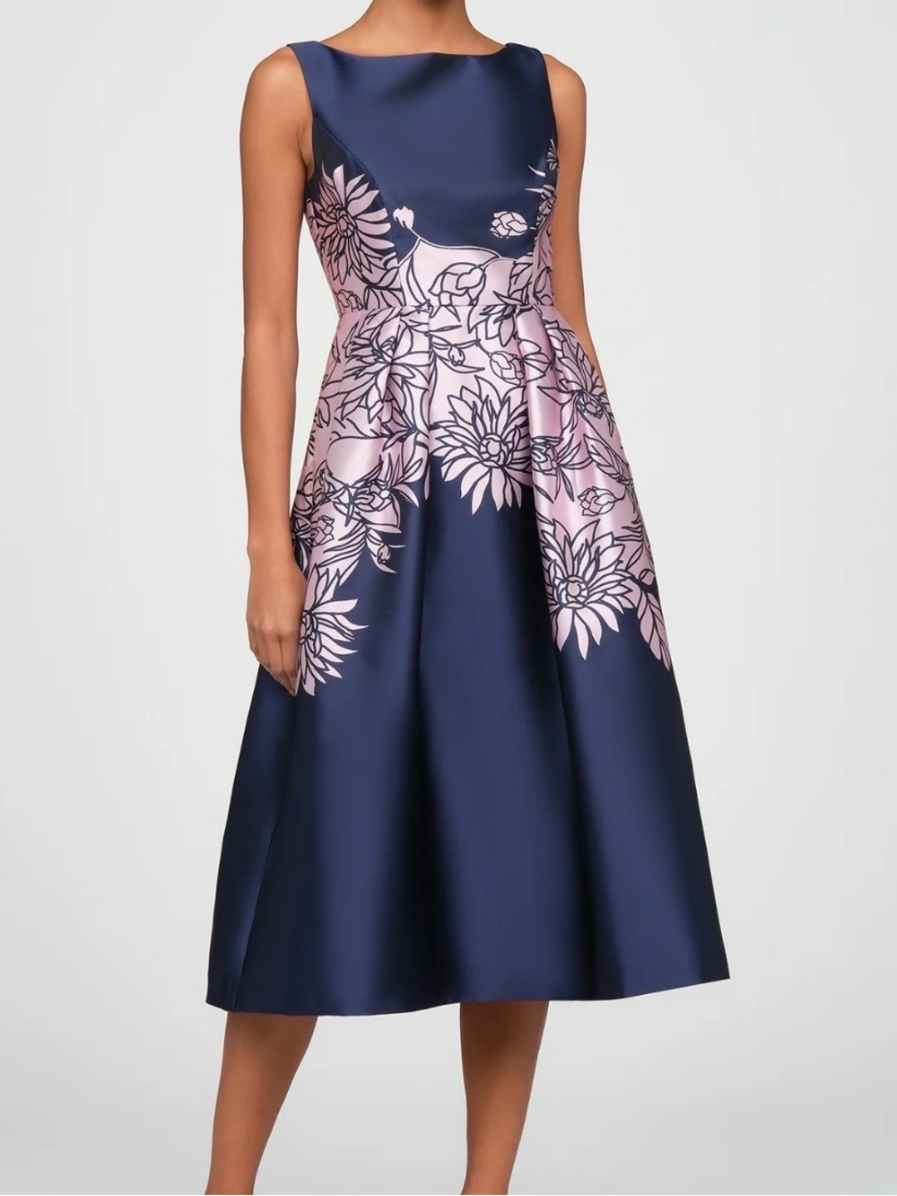 Women's Kay Unger evaline Navy midi Dress with Pink Floral Overlay size 8